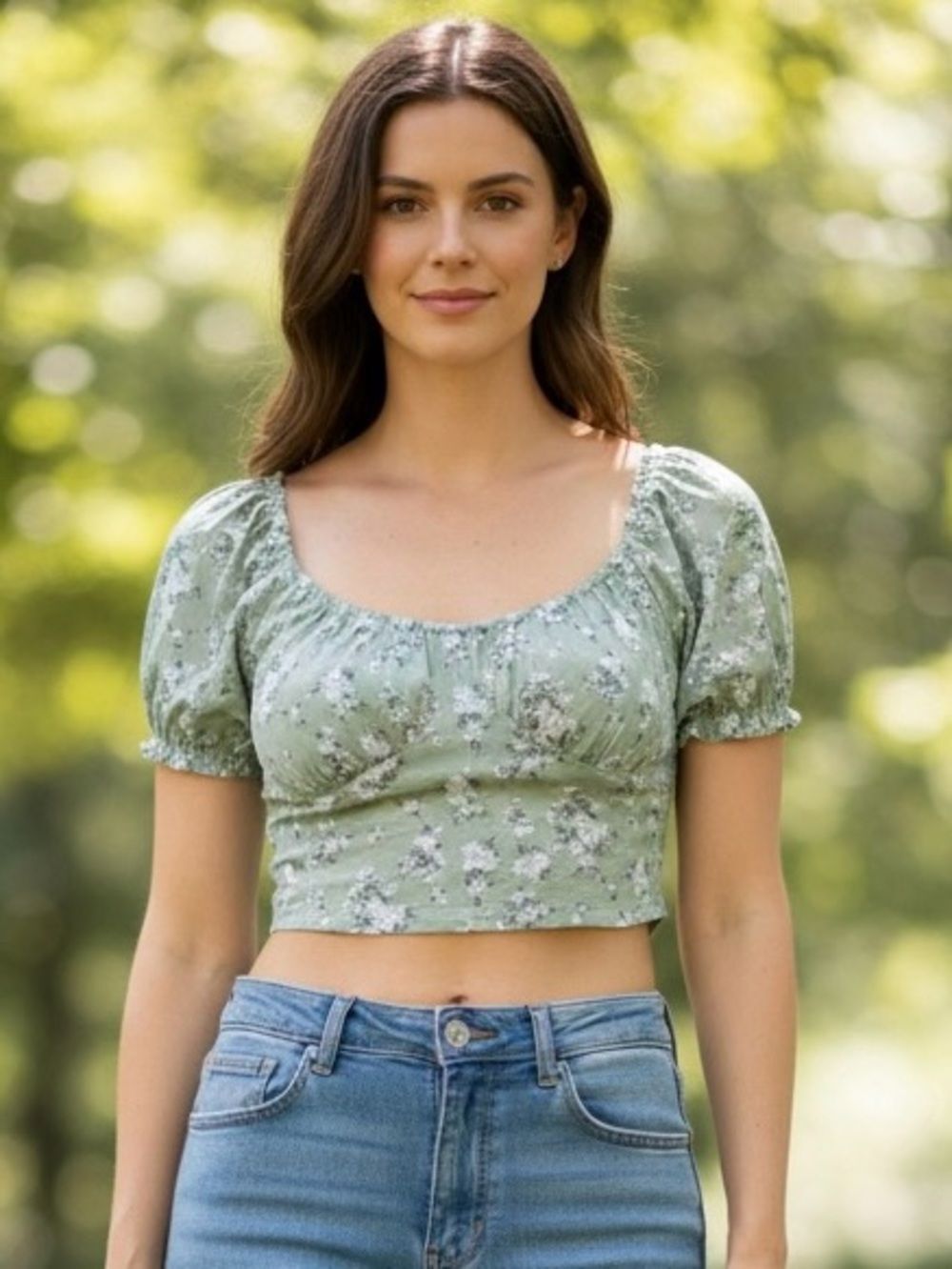 Hollister Floral Smocked Crop Top Puffed Sleeve Charming Country Girl Vibe SZ SM